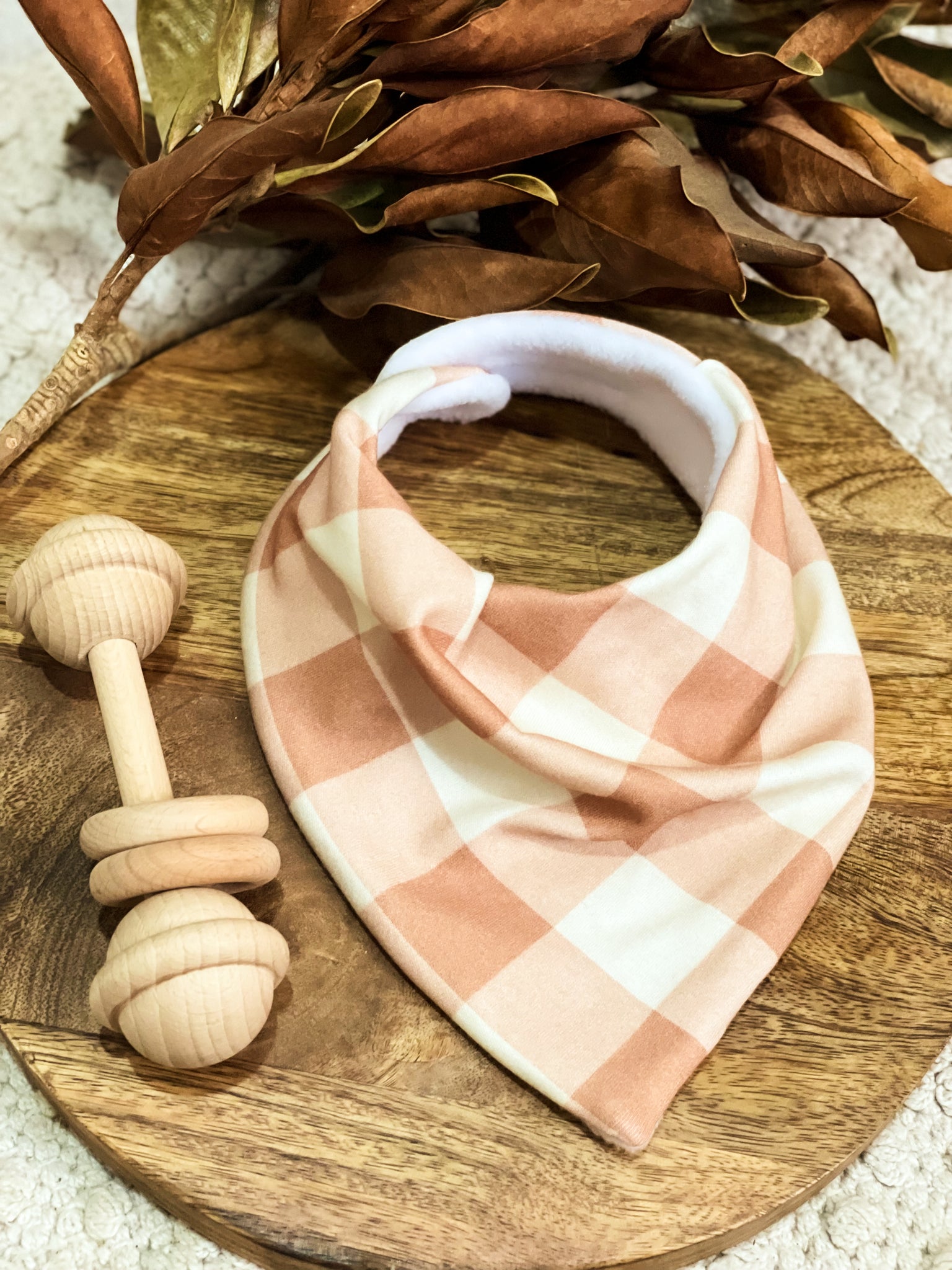 CLAY & BEIGE Gingham Organic Cotton Bandana Bib